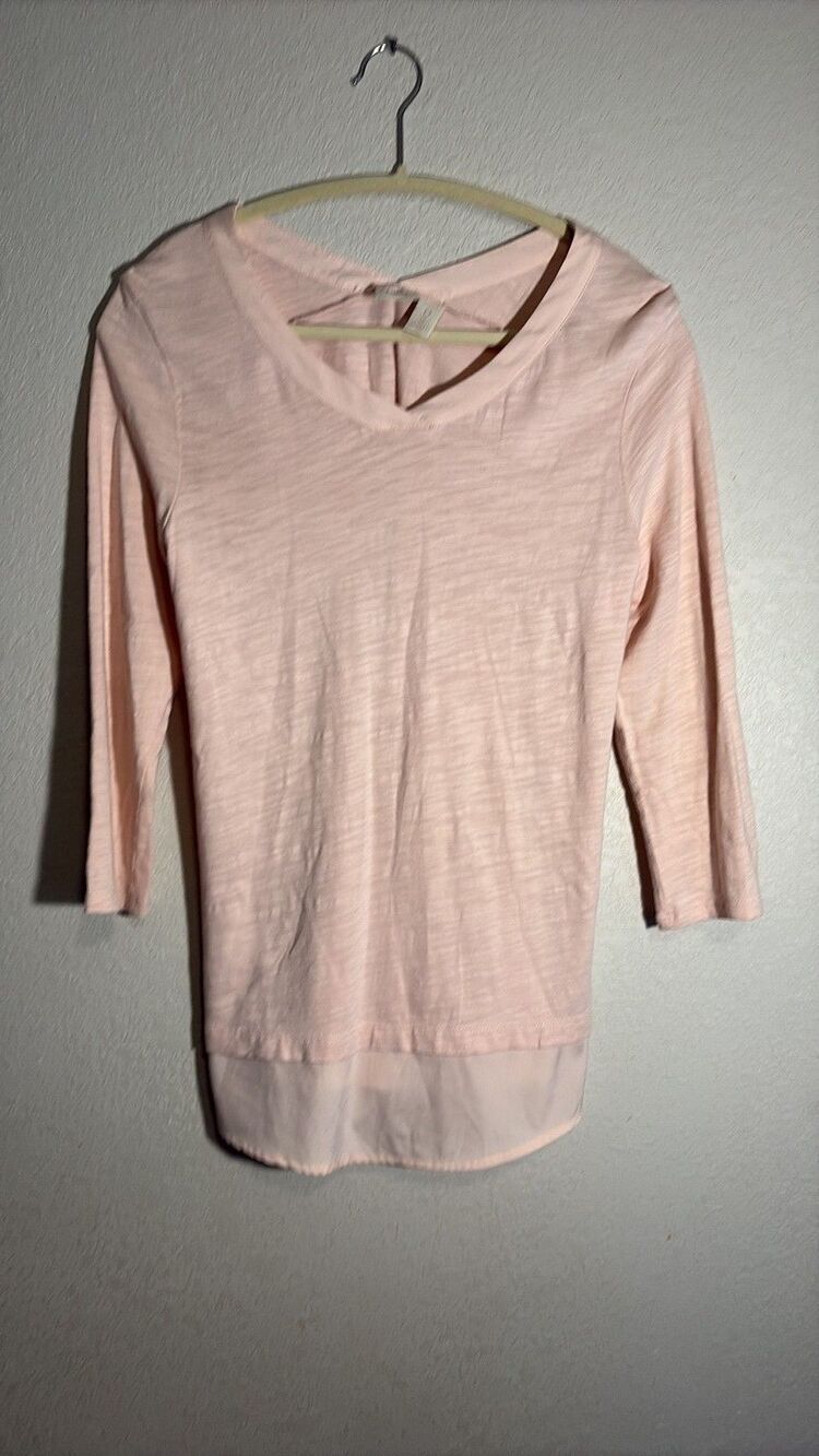 Chico's Pale Pink 3/4 Sleeve Slub Knit Top with Chiffon Hem Small